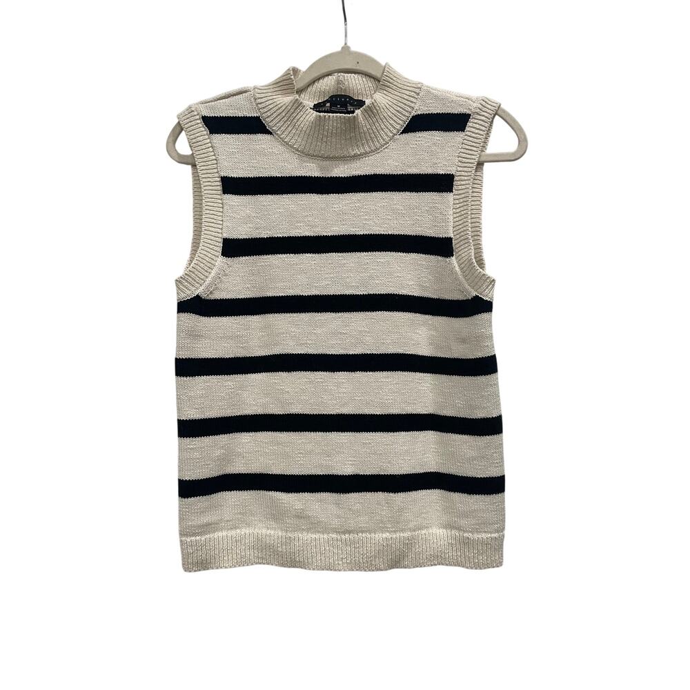 Sanctuary Cream Black Stripe Mock Neck Sweater Tank Sleeveless Cotton Knit Top M